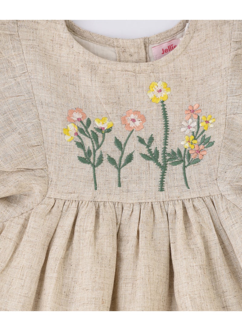 Jelliene Girls Beige Linen Blend Puff Sleeve Embroidered Dress - Image 3